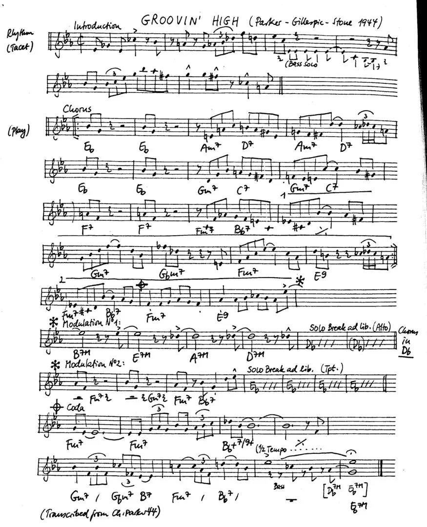 groovin' high. Free Jazz Leadsheet, courtesy of The Jungle Jazz Band